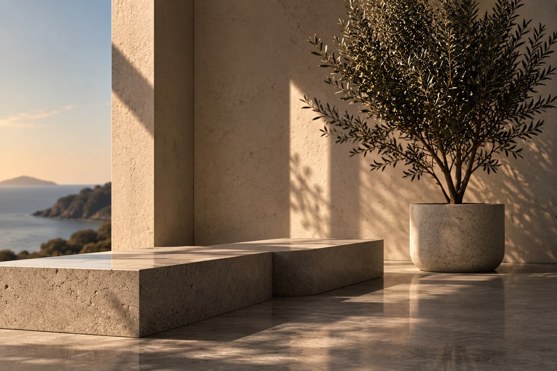 Sunlit stone architecture with an olive tree, overlooking the coast.
