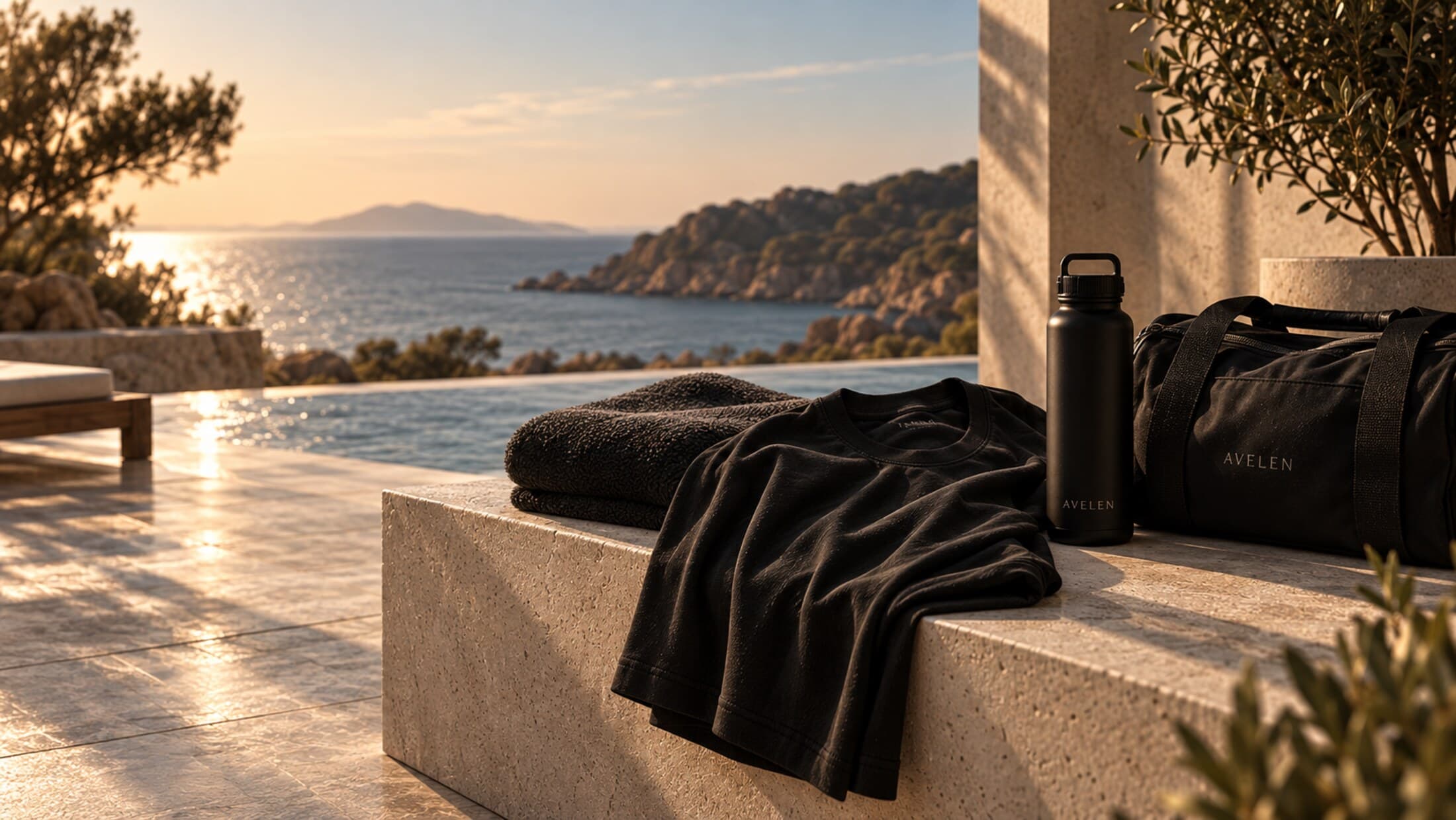 AVELEN apparel and travel essentials on a sunlit coastal terrace overlooking the sea.