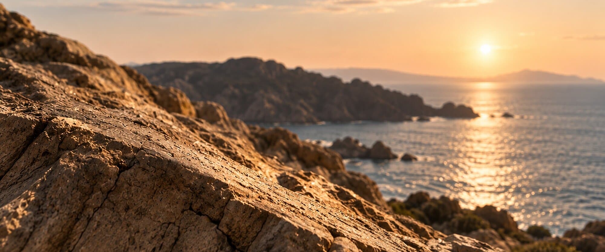 Sunset over coastal rock formations and the sea.